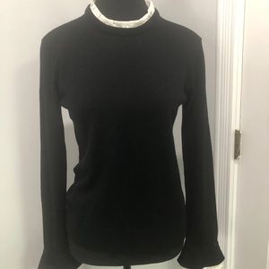 Club Monaco Classic Black Fine Knit Small Sweater with white Frill Detail